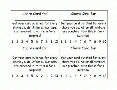Chore Card for __________________ Get your card punched for every chore you do. After all numbers are punched, turn this in for a