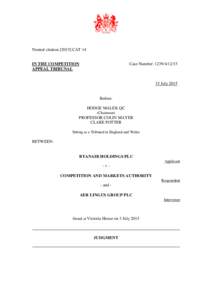 Ryanair Holdings Plc v Competition and Markets Authority – JudgmentCAT 14 | 15 Jul 2015