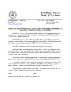 BUREAU OF PRISONS EMPLOYEE ADMITS PROVIDING MOBILE PHONES TO AN INMATE AT FEDERAL PRISON AT FORT DIX