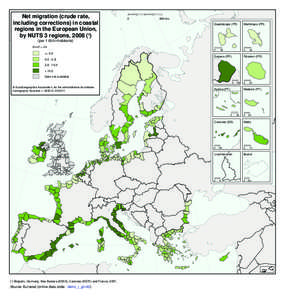 Net migration (crude rate, including corrections) in coastal regions in the European Union, by NUTS 3 regions, 2008 (¹)  0