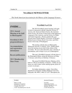 Number 56  Fall 2013 NAAHoLS NEWSLETTER The North American Association for the History of the Language Sciences