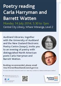 06_14  Poetry reading Carla Harryman and Barrett Watten Monday 14 July 2014, 5.30 to 7pm