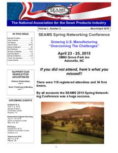 The National Association for the Sewn Products Industry Volume L, Number 2…………………………….......March/April 2015 IN THIS ISSUE Benefits Providers …………….....17 Dues Incentive ………………