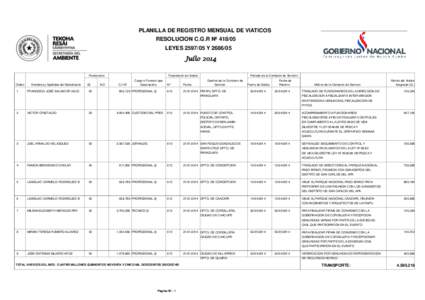 PLANILLA DE REGISTRO MENSUAL DE VIATICOS RESOLUCION C.G.R Nº LEYESYJulio 2014 Funcionario
