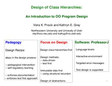 Design of Class Hierarchies: An Introduction to OO Program Design Viera K. Proulx and Kathryn E. Gray Northeastern University and Univesity of Utah  and 