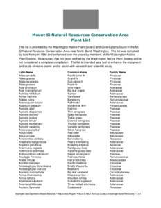Mount Si Natural Resources Conservation Area Plant List This list is provided by the Washington Native Plant Society and covers plants found in the Mt. Si Natural Resource Conservation Area near North Bend, Washington. T