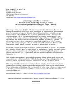 FOR IMMEDIATE RELEASE February 25, 2014 Contact: Evelyn Shotwell Chincoteague Chamber of Commerce[removed]Media only: [removed]