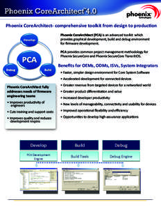 Phoenix CoreArchitect- comprehensive toolkit from design to production Phoenix CoreArchitect (PCA) is an advanced toolkit which provides graphical development, build and debug environment for ﬁrmware development. PCA p
