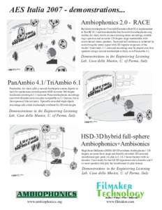 AES Italiademonstrations... AmbiophonicsRACE Recursive Ambiophonic Crosstalk Elimation (RACE) is implemented in Tact RCS2.2 and downloadable free from www.ambiophonics.org. Ambio, for short, works on most 