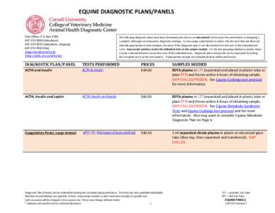 EQUINE DIAGNOSTIC PLANS/PANELS  Post Office: P.O. Box[removed]3900 (telephone[removed]telephone, shipping[removed]fax)
