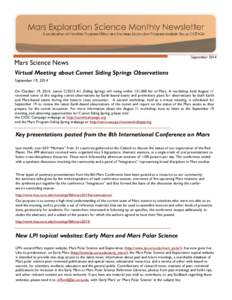 Mars Science News  September 2014 Virtual Meeting about Comet Siding Springs Observations September 19, 2014