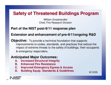 Safety of Threatened Buildings Program William Grosshandler Chief, Fire Research Division Part of the NIST post-9/11 response plan Extension and enhancement of pre-9/11ongoing R&D