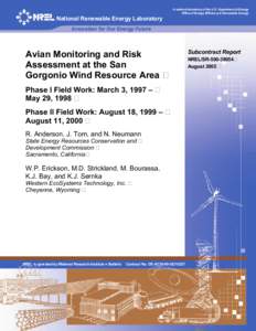 Avian Monitoring and Risk Assessment at the San Gorgonio Wind Resource Area. Phase I Field Work: March 3, May 29, 1998; Phase II Field Work: August 18, August 11, 2000