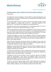 RIVERINA REGION LOCAL COUNCIL RATE APPLICATIONS APPROVED 3 June 2014 The Independent Pricing and Regulatory Tribunal (IPART) has approved applications from Gundagai Shire Council and Junee Shire Council to increase gener