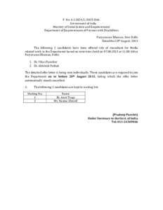 F. No. AEstt. Government of India Ministry of Social Justice and Empowerment Department of Empowerment of Persons with Disabilities Paryawaran Bhawan, New Delhi Dated the 10th August, 2015