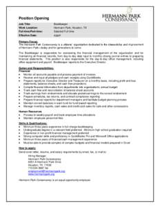 Position Opening Job Title: Work Location: Full-time/Part-time:  Bookkeeper