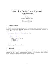 kao’s “Toy Project” and Algebraic Cryptanalysis Dcoder  February 17, 2012