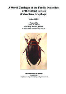 A World Catalogue of the Family Dytiscidae, or the Diving Beetles (Coleoptera, Adephaga)