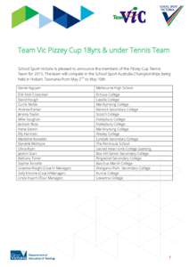 Team Vic Pizzey Cup 18yrs & under Tennis Team School Sport Victoria is pleased to announce the members of the Pizzey Cup Tennis Team forThe team will compete in the School Sport Australia Championships being held 