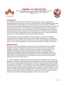 ASSEMBLY OF FIRST NATIONS  Submission in support of the 4 th National Aboriginal Women’s Summit PROMOTING EMPOWERMENT, EQUITY AND LEADERSHIP October, 2014