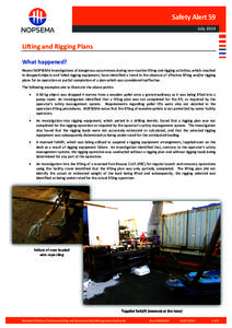 Safety Alert 59 July 2014 Lifting and Rigging Plans What happened? Recent NOPSEMA investigations of dangerous occurrences during non-routine lifting and rigging activities, which resulted