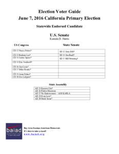 Election Voter Guide June 7, 2016 California Primary Election Statewide Endorsed Candidate U.S. Senate Kamala D. Harris