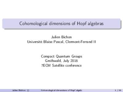 Cohomological dimensions of Hopf algebras Julien Bichon Université Blaise Pascal, Clermont-Ferrand II Compact Quantum Groups Greifswald, July 2016