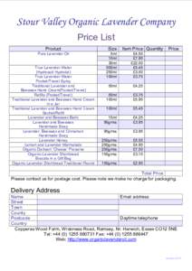 Stour Valley Organic Lavender Company Price List  Product  Size 