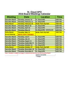 Meeting  St. Cloud APO 2016 Board Meetings Calendar Date Location