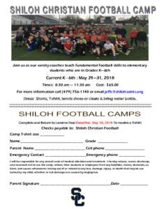 Join us as our varsity coaches teach fundamental football skills to elementary students who are in Grades K—6th Current K - 6th : May 29—31, 2018 Times: 8:30 am — 11:30 am
