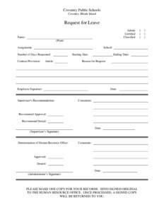 Coventry Public Schools Coventry, Rhode Island Request for Leave Admin Certified