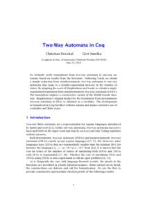 Two-Way Automata in Coq Christian Doczkal Gert Smolka  To appear in Proc. of Interactive Theorem Proving (ITP 2016)