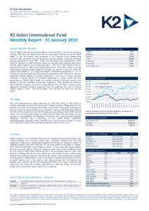 K2 Select International Fund Monthly Report - 31 January 2013 Global Market Review The K2 Select International Absolute Return Fund returned 2.74% for the month of January. The new year began positively as most equity ma