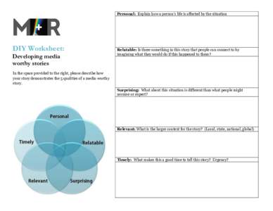 Personal: Explain how a person’s life is affected by the situation  DIY Worksheet: Developing media worthy stories