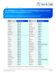 Arch Mortgage Insurance Company and Arch Mortgage Guaranty Company RateStar Pricing State Approvals as ofBPMI & LPMI Rates for EZ Monthly & Single Premium Non-Refundable* State