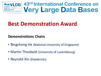 Best	Demonstration	Award Demonstrations	Chairs • Bingsheng He	(National	University	of	Singapore) • Martin	Theobald	(University	of	Luxembourg) • Reynold	Xin	(Databricks)