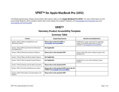 VPAT™ for Apple MacBook Pro[removed]The following Voluntary Product Accessibility information refers to the Apple MacBook Pro[removed]For more information on the accessibility features of this product and to learn more 