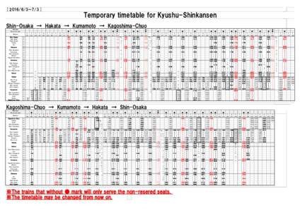 [ ～Temporary timetable for Kyushu-Shinkansen Shin-Osaka　→　Hakata　→　Kumamoto　→　Kagoshima-Chuo Attention Reserved seat
