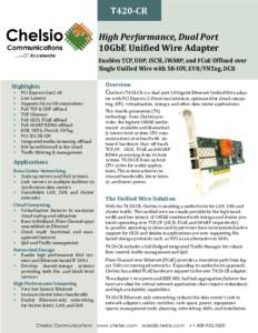 T420-CR High Performance, Dual Port 10GbE Unified Wire Adapter Enables TCP, UDP, iSCSI, iWARP, and FCoE Offload over Single Unified Wire with SR-IOV, EVB/VNTag, DCB Highlights