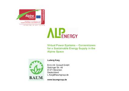 Virtual Power Systems – Cornerstones for a Sustainable Energy Supply in the Alpine Space Ludwig Karg B.A.U.M. Consult GmbH Gotzinger Str. 48