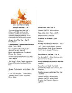 2014 AWARD WINNERS Song of the Year – Cat 1 “Oceans (Where Feet May Fail)” – Hillsong UNITED, (writers) Matt Crocker, Joel Houston, Salomon Ligthelm (publisher) Hillsong Music