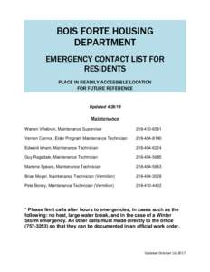 BOIS FORTE HOUSING DEPARTMENT EMERGENCY CONTACT LIST FOR RESIDENTS PLACE IN READILY ACCESSIBLE LOCATION FOR FUTURE REFERENCE