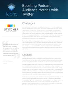 Boosting Podcast Audience Metrics with Twitter Challenges Stitcher is a leading on demand radio and podcast platform, with millions of listeners and over 35,000 shows covering news, talk, sports, entertainment and more. 