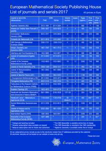 European Mathematical Society Publishing House All prices in Euro List of journals and serials 2017 ISSN Print