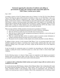 Statement opposing the relocation of residents and calling on governments of Japan and Vietnam to halt construction plans for Ninh Thuan 2 nuclear power plant July 3, 2015 According to reports on June 9 by Internet media