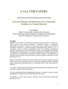    CALL FOR PAPERS ASCE Journal of Structural Engineering Special Issue  Structural Design and Robustness for Community