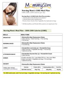 Nursing Mom’s CORE Meal Plan, 2200 Calories per day Nursing Mom’s (CORE) Daily Meal Plan includes: - 3 MommySlim® Meal Replacement Shakes*