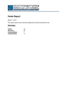 Hosts Report March 1, 2012 This report shows host information gathered during this penetration test. Summary Hosts: