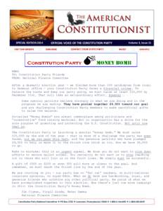 SPECIAL EDITION 2014 VISIT OUR WEBSITE Volume 3, Issue 11  OFFICIAL VOICE OF THE CONSTITUTION PARTY