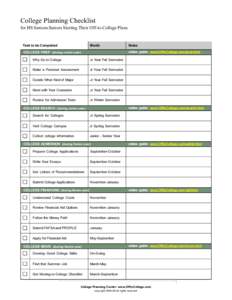 Print Checklist  College Planning Checklist for HS Seniors/Juniors Starting Their Off-to-College Plans  Task to be Completed